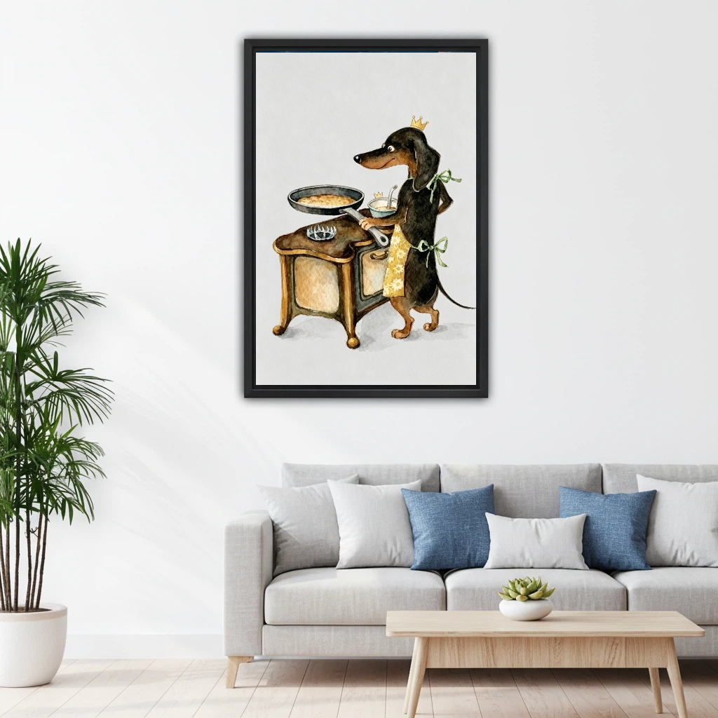 Royal dachshund cooking watercolor black framed canvas print above gray sofa in minimalist Scandinavian living room