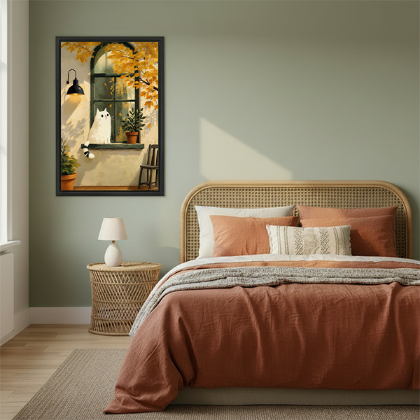 Cozy autumn white cat canvas wall art above a bedroom, showing a white cat beside plants and an arched window