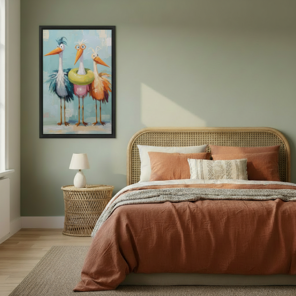 Whimsical stork wall art for bedroom, three colorful birds with pool float and glasses, black framed canvas print for boho bedroom decor