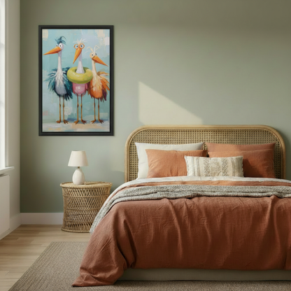 Whimsical stork wall art for bedroom, three colorful birds with pool float and glasses, black framed canvas print for boho bedroom decor