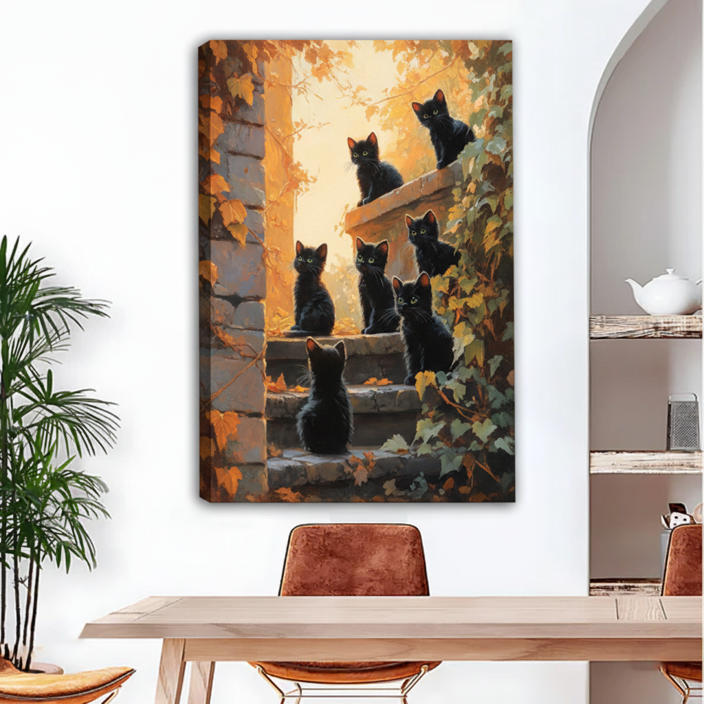 Black kittens on autumn stone steps canvas wall art, whimsical cat group painting for dining room decor