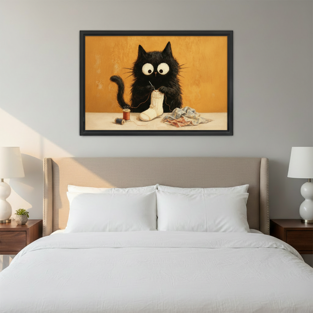 Black Cat Knitting Art Framed Print – Cute Whimsical Wall Decor for Bedroom