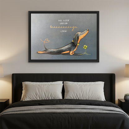 Funny dachshund watercolor framed wall art above bed in cozy bedroom setting