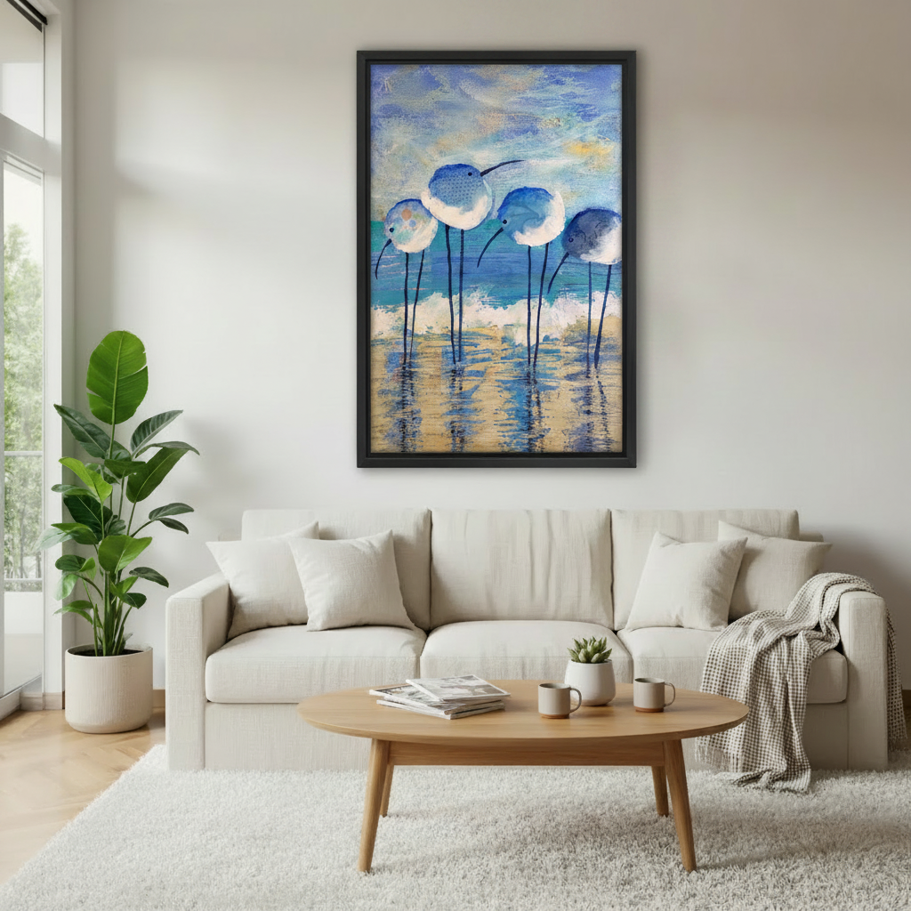 Watercolor shorebirds beach framed canvas art above sofa — coastal bird print perfect for ocean lover home decor