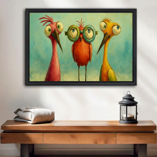 Three quirky colorful birds framed canvas wall art above wooden console table, whimsical animal print home decor