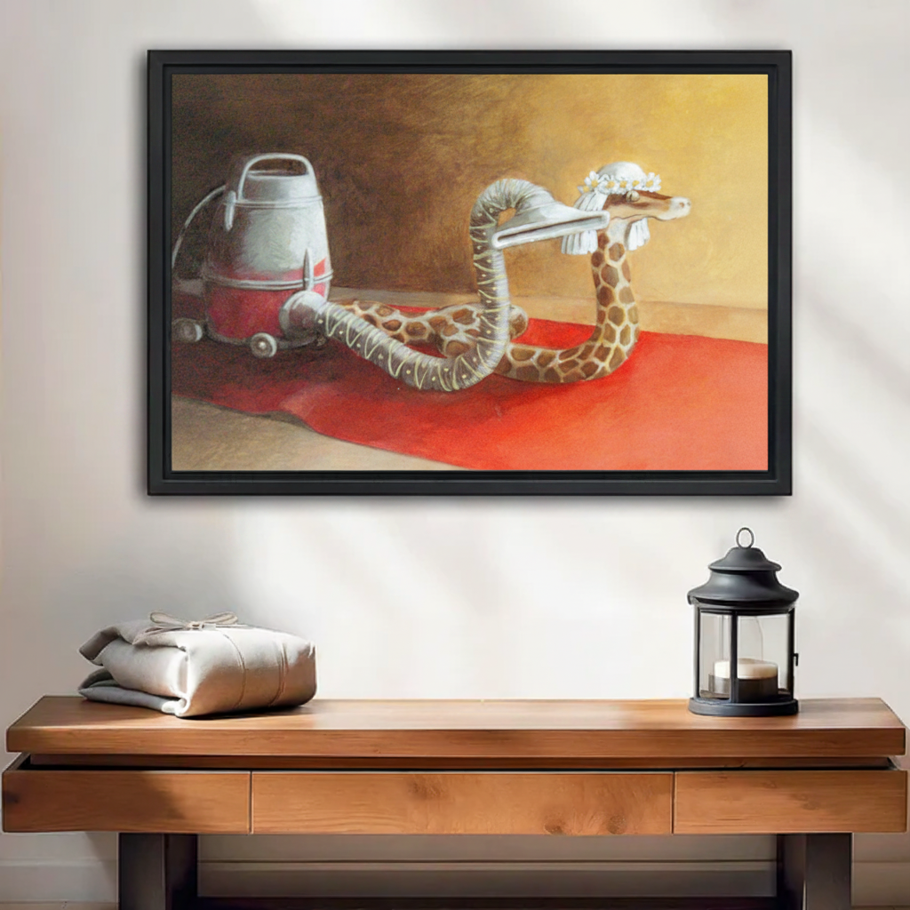 Surreal snake vacuum cleaner canvas wall art in black frame above wooden console, funny animal oil painting style print