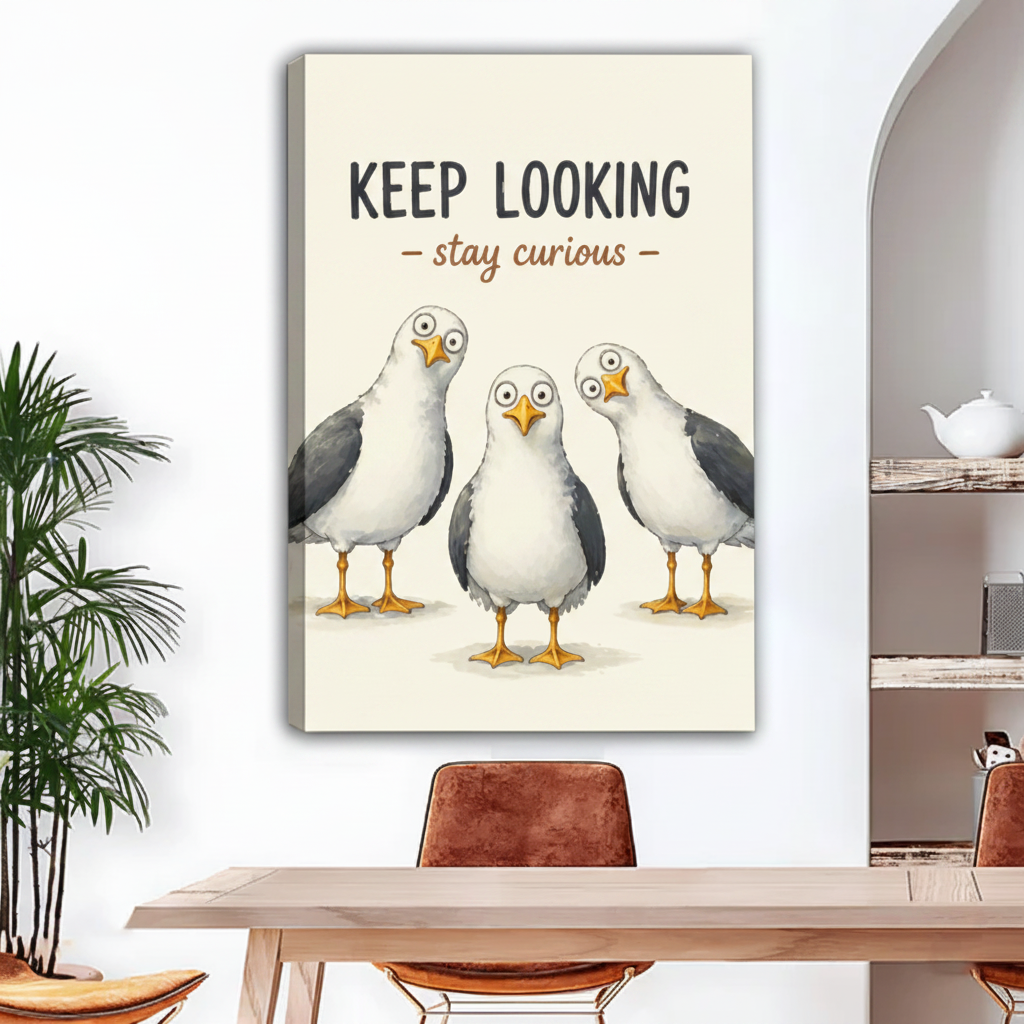 Frameless seagull canvas wall art with Keep Looking Stay Curious quote, whimsical bird print for dining room decor