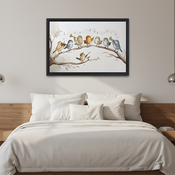 Whimsical bird orchestra canvas wall art displayed in a black frame above a white bed with a wooden headboard.