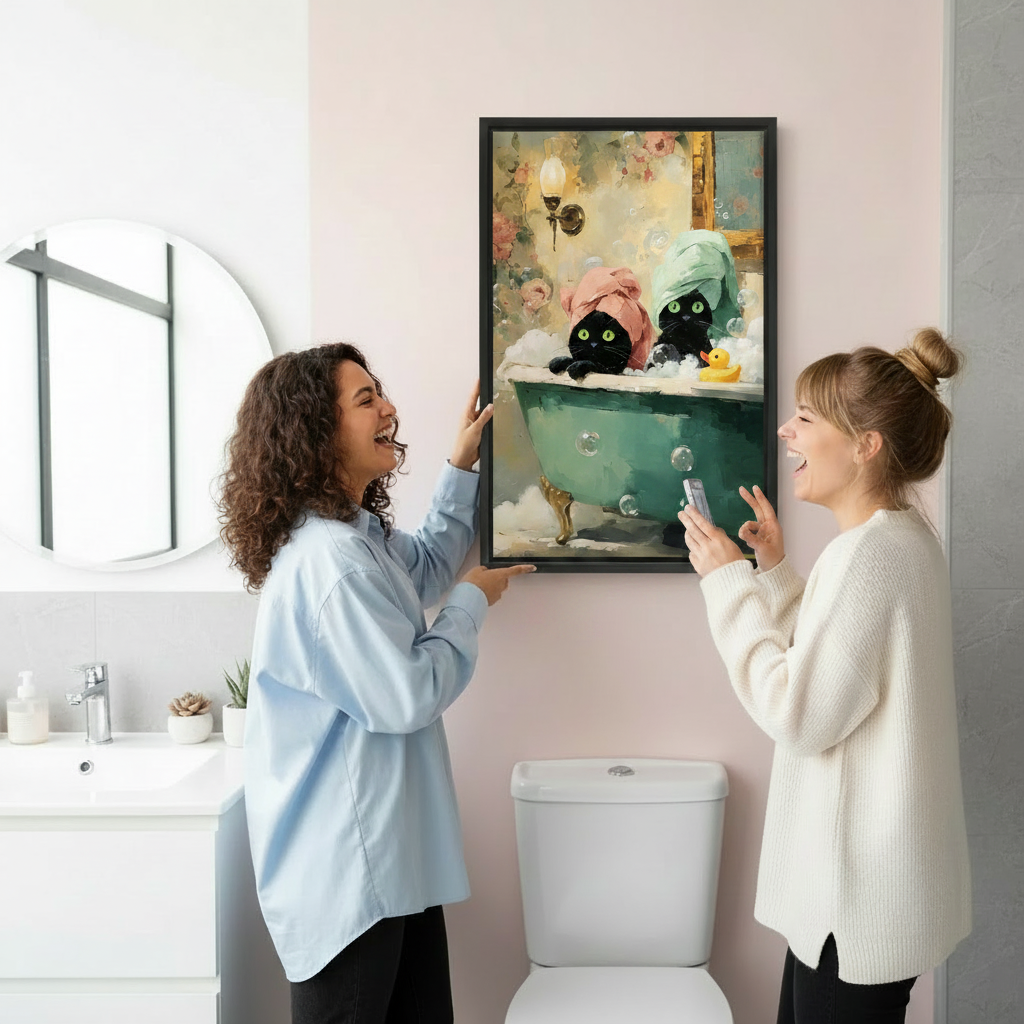 Two women hanging whimsical black cats bath time framed canvas print in pink bathroom