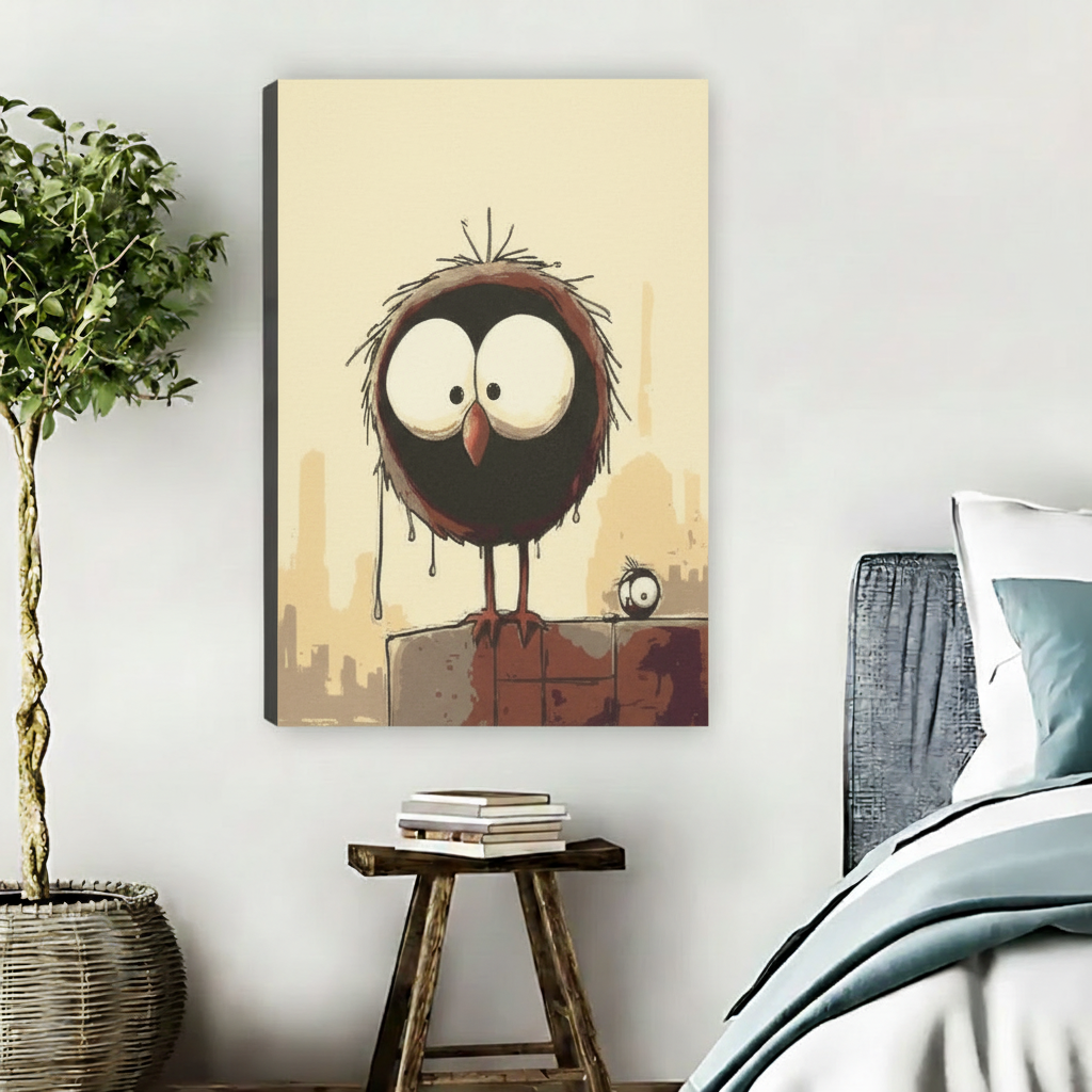 Funny whimsical bird canvas art print – playful round bird illustration for living room wall