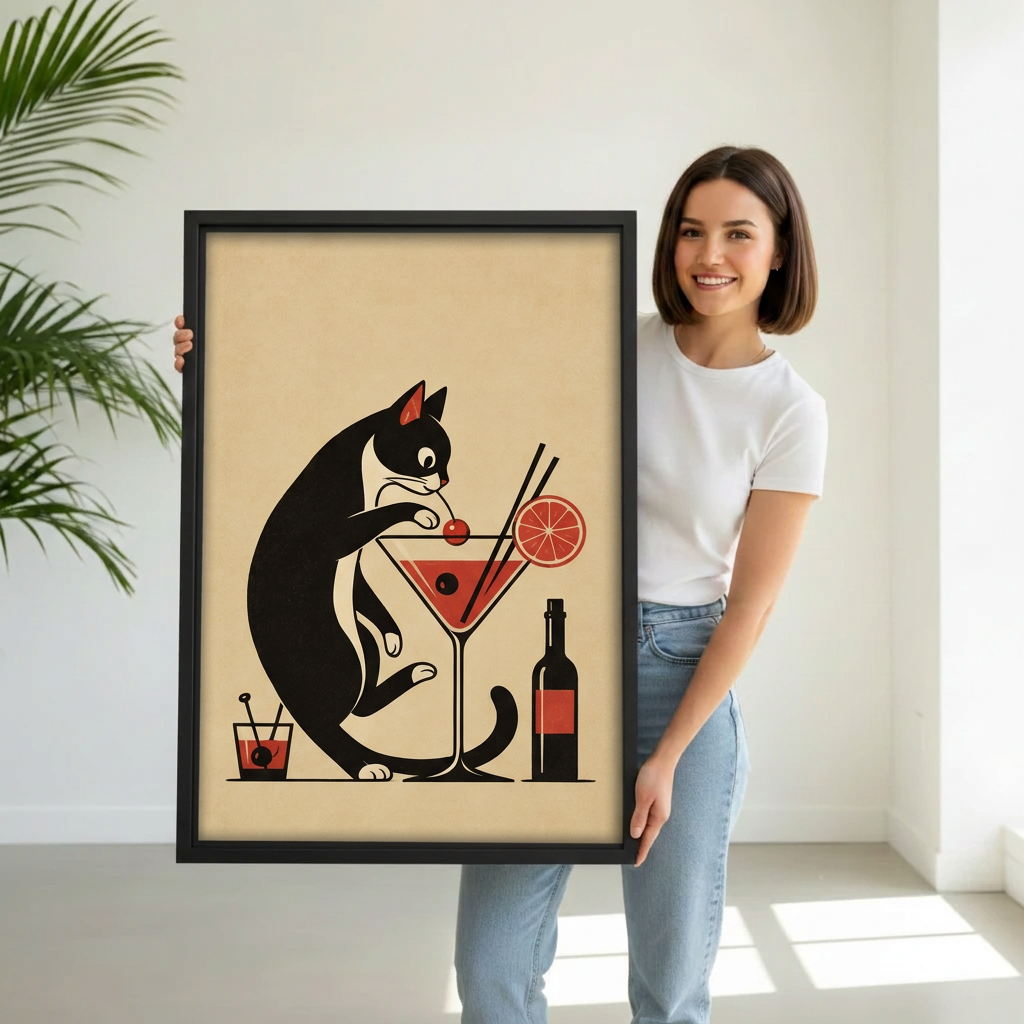 Retro Black Cat Cocktail Canvas Wall Art | Framed & Unframed l4930