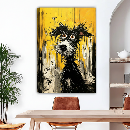 Graffiti dog pop art canvas wall print no frame above dining table — expressive black terrier on yellow background, bold street art decor