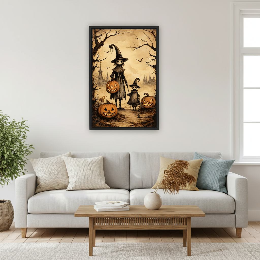 Gallery-wrap witch family Halloween canvas wall art displayed beside a bed in a cozy bedroom