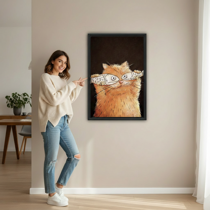 Woman pointing at orange cat fish glasses framed wall art in hallway