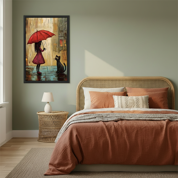 Framed red umbrella girl and black cat canvas wall art above a cream sofa in a bright living room.