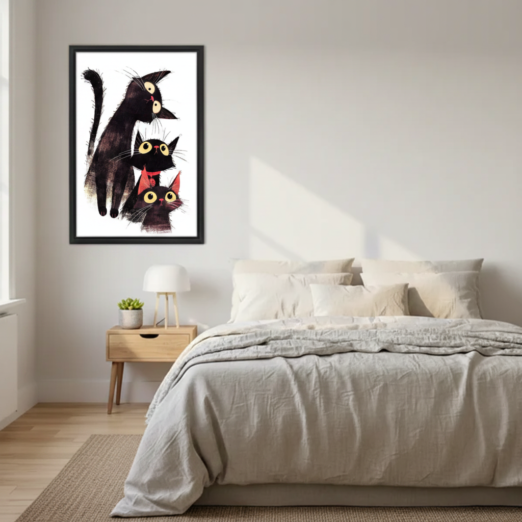 Three Black Cats Whimsical Framed Print Above Bed – Funny Big-Eyed Cat Wall Art for Bedroom Decor