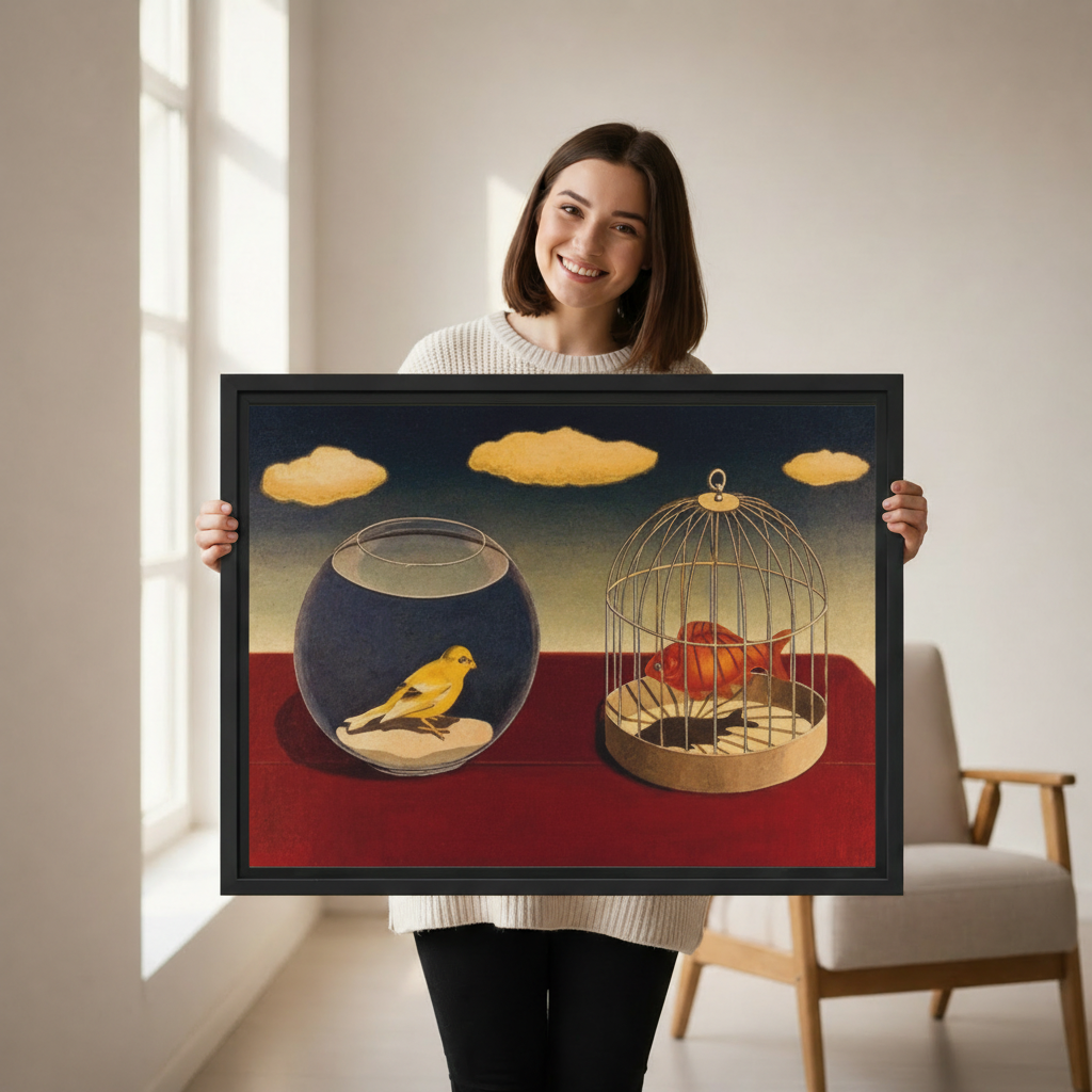 Woman holding surrealist bird fish swap canvas wall art — dreamlike Magritte-style print gift idea