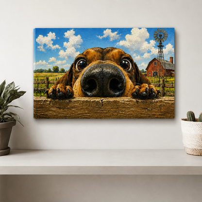 Funny dog farm scene gallery wrap canvas wall art, whimsical oil painting dog lover print
