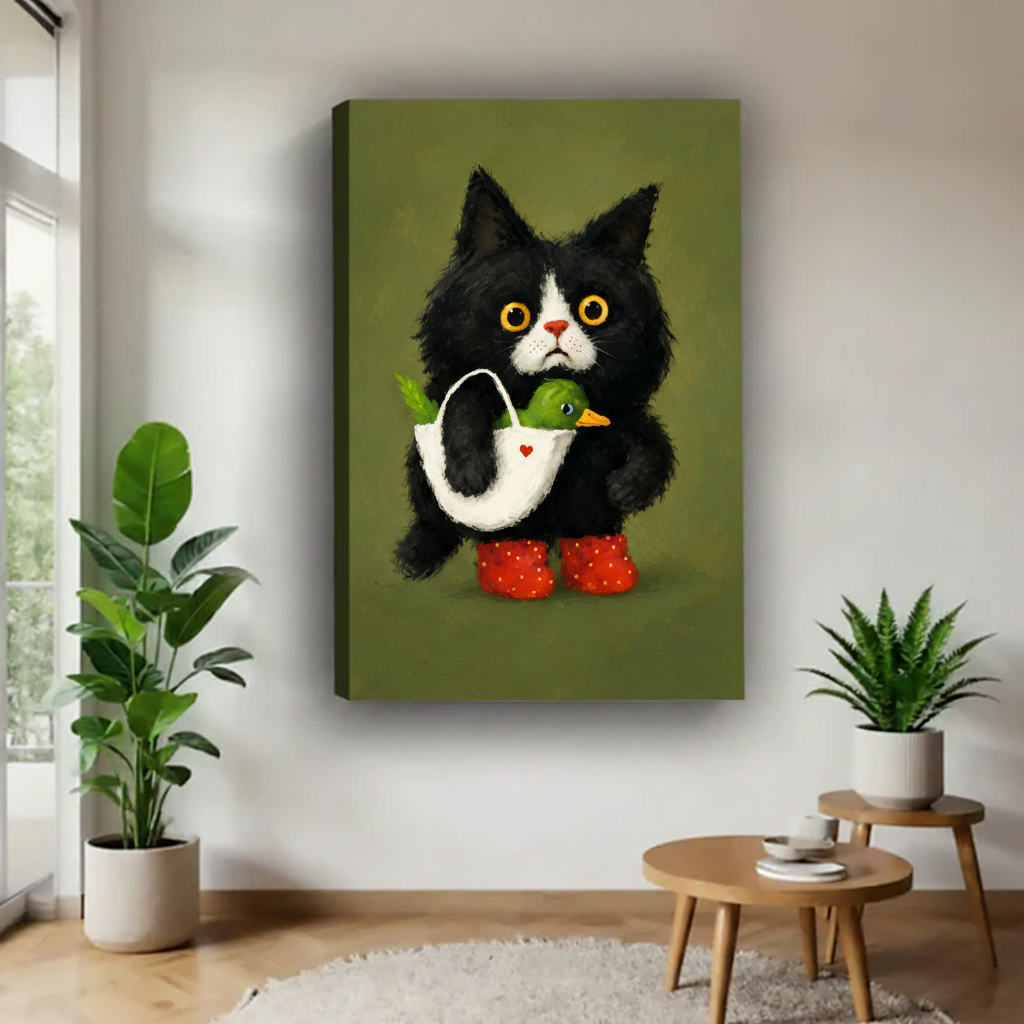 Gallery wrap canvas of quirky tuxedo cat holding duck on olive green background