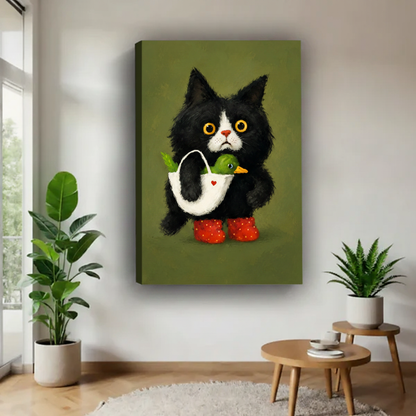 Gallery wrap canvas of quirky tuxedo cat holding duck on olive green background