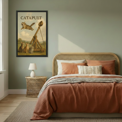 Funny cat catapult vintage framed canvas displayed above bed in cozy bedroom — whimsical cat art print for bedroom decor