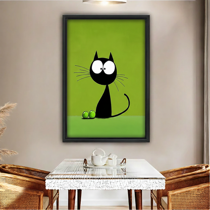 Funny black cat big eyes green pop art canvas wall art print