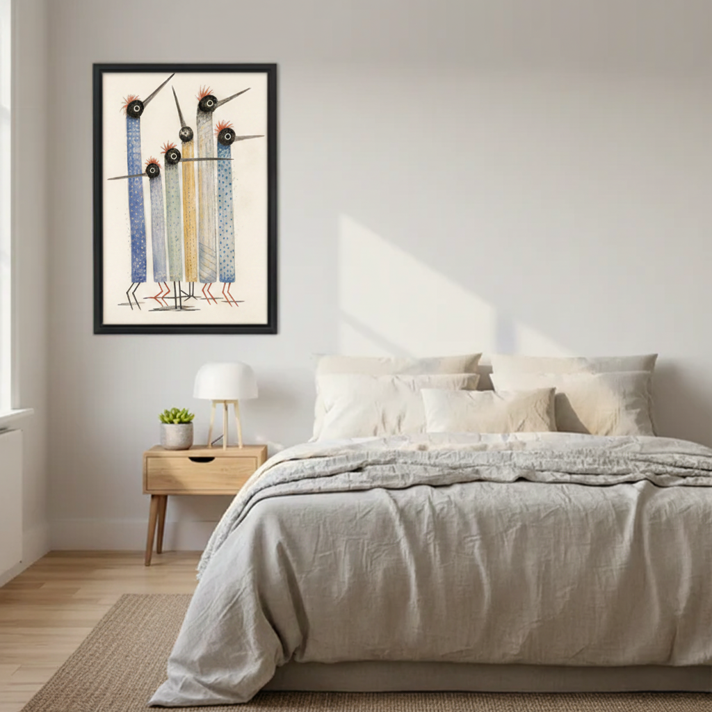 Whimsical flock art print, five abstract birds with spiky crowns, unique watercolor wall decor