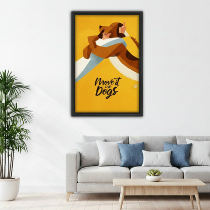 Retro Move It For Dogs framed canvas above living room sofa, golden yellow dog and person embracing poster print, bold energetic home decor