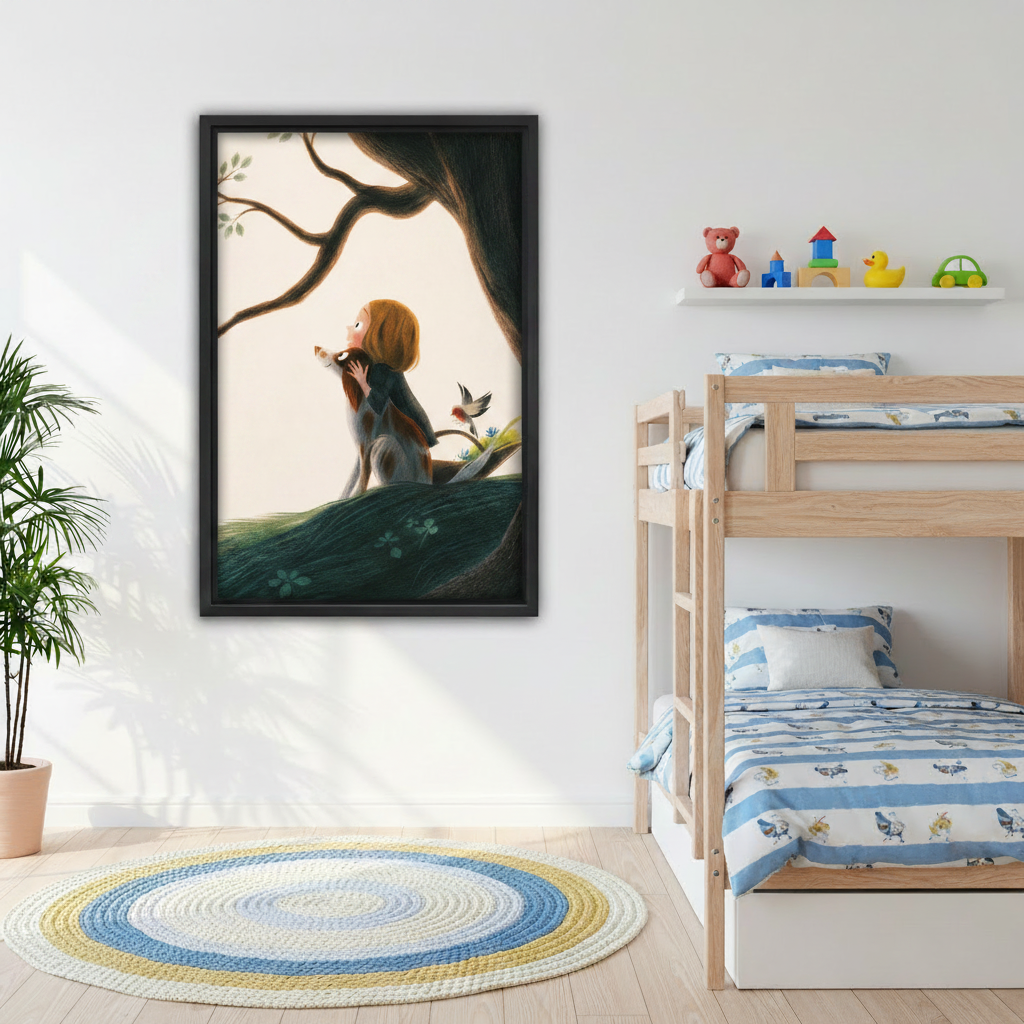 Framed canvas art print girl and dog under tree nursery wall decor Liberty Signs