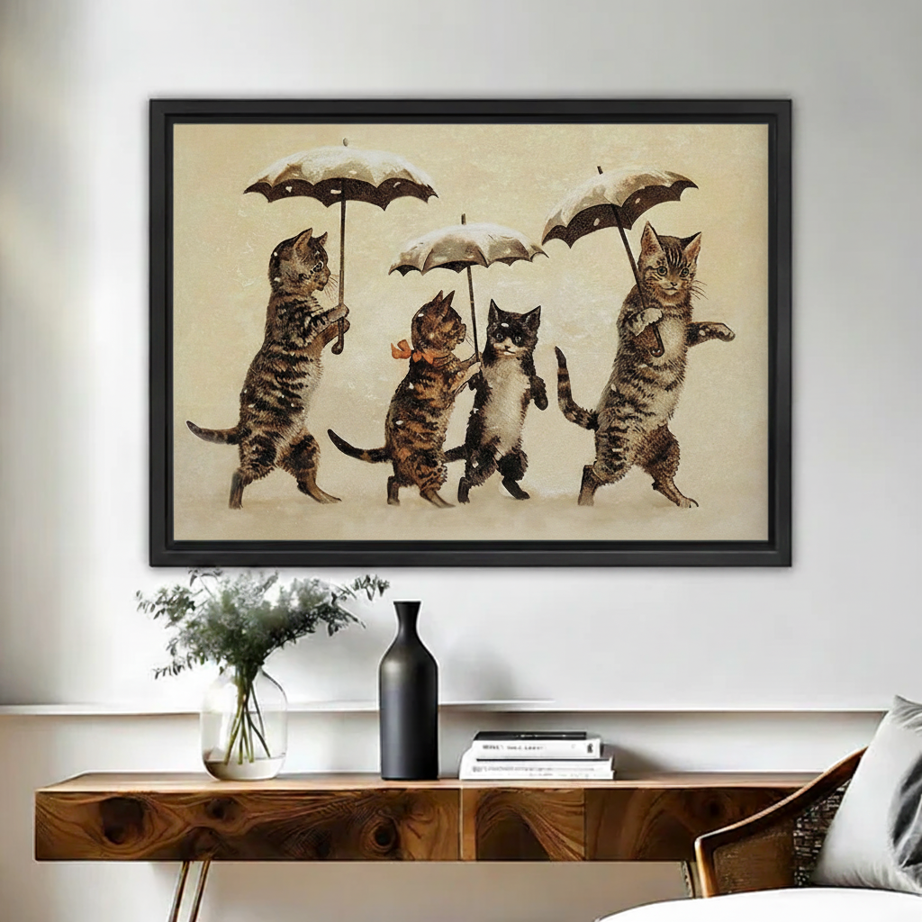 Victorian cats holding umbrellas in snow framed canvas wall art vintage funny home decor