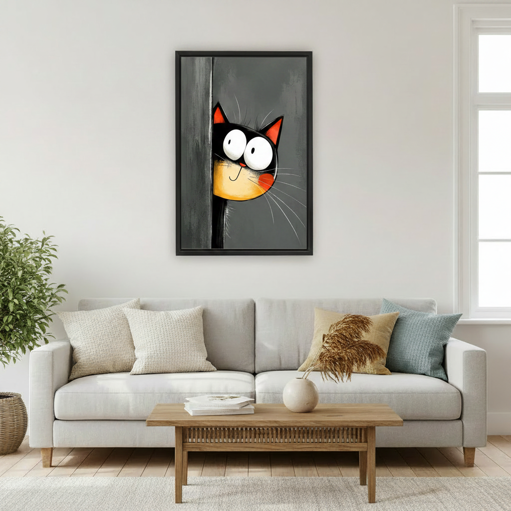 Funny peeking cat canvas art in black frame on living room wall, bold home decor