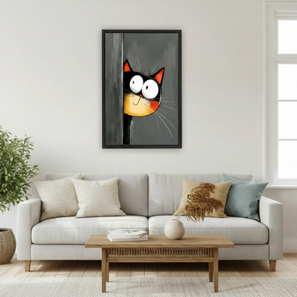 Funny peeking cat canvas art in black frame on living room wall, bold home decor