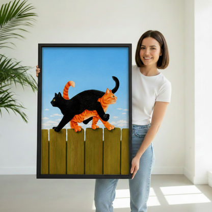Woman holding black and orange cats on fence canvas wall art, funny colorful cat framed print gift for cat lovers