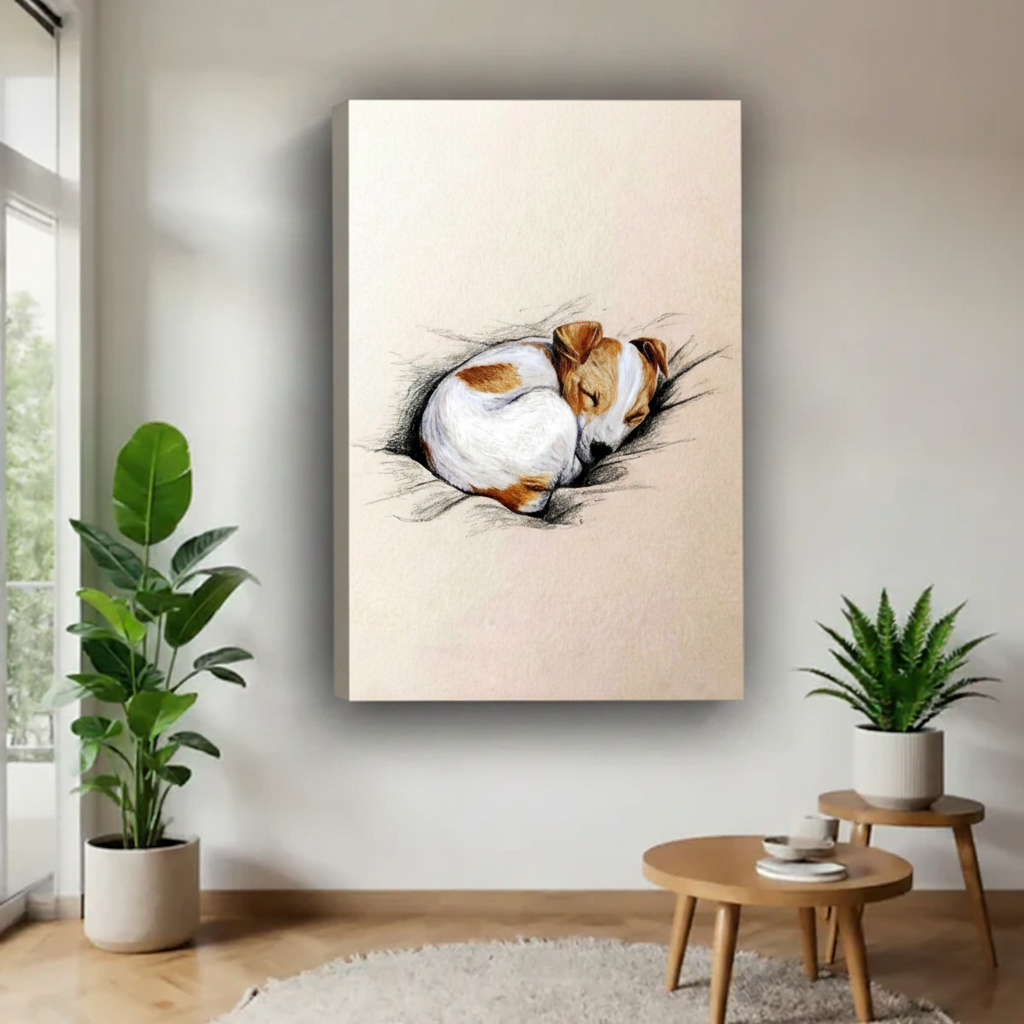 Sleeping dog sketch canvas art print displayed in a cozy bedroom — delicate minimalist dog wall decor for pet lovers