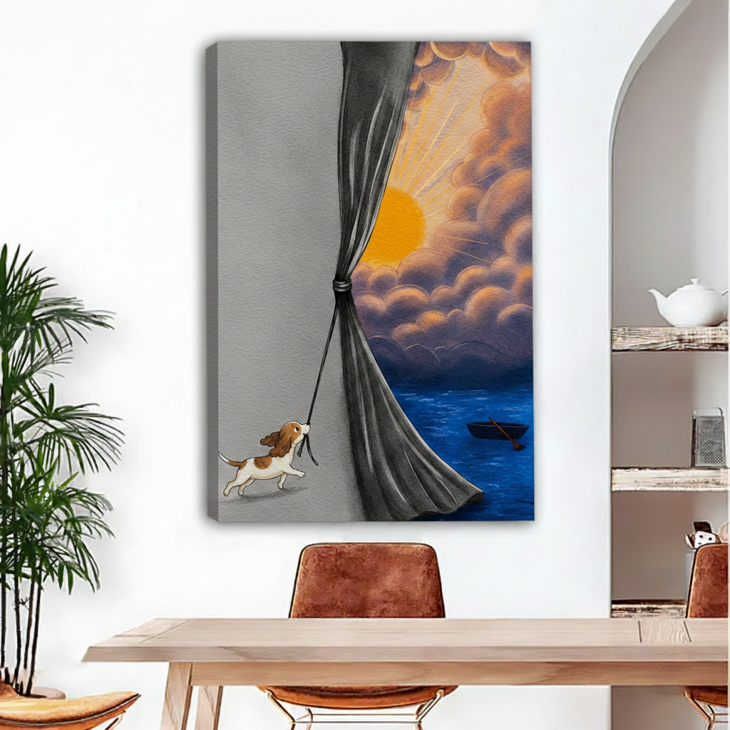 Dog pulling curtain sunrise illustration canvas print – whimsical wall art for dining room