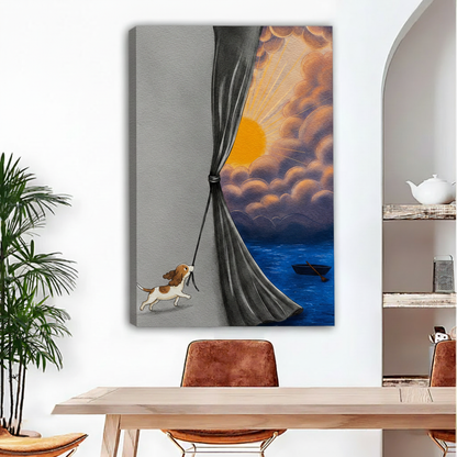 Dog pulling curtain sunrise illustration canvas print – whimsical wall art for dining room