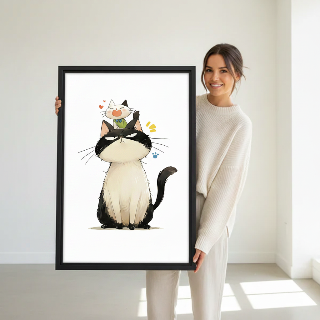 Woman holding grumpy cat and kitten framed wall art print, playful Japanese cartoon illustration
