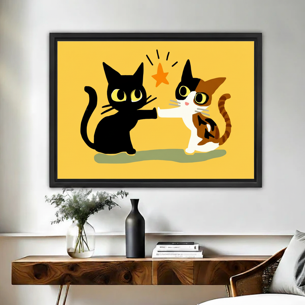 Cute cats high five framed canvas wall art print, playful yellow home decor