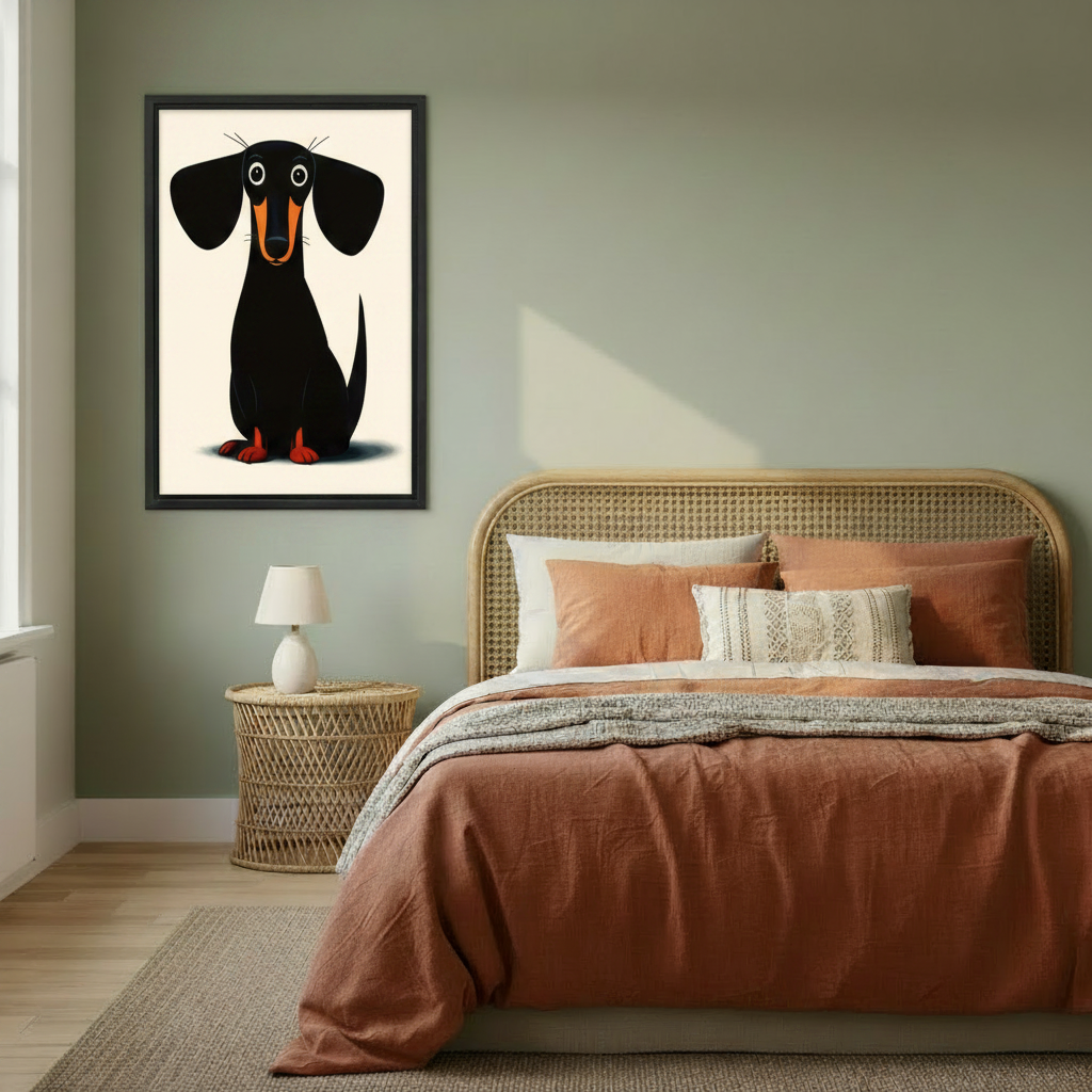 Cute minimalist dachshund canvas print hanging in cozy bedroom, adorable black wiener dog wall art above bed