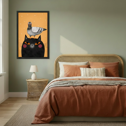 Funny black cat pigeon framed wall art print in modern living room above white sofa — whimsical pet home decor