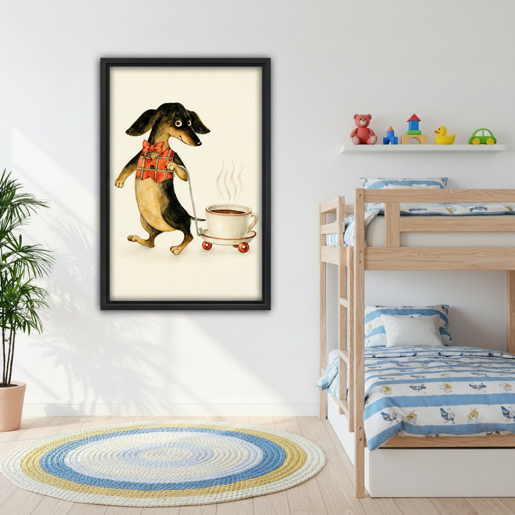 Cute dachshund with coffee watercolor framed canvas wall art in kitchen, funny dog in bow tie coffee lover wall decor