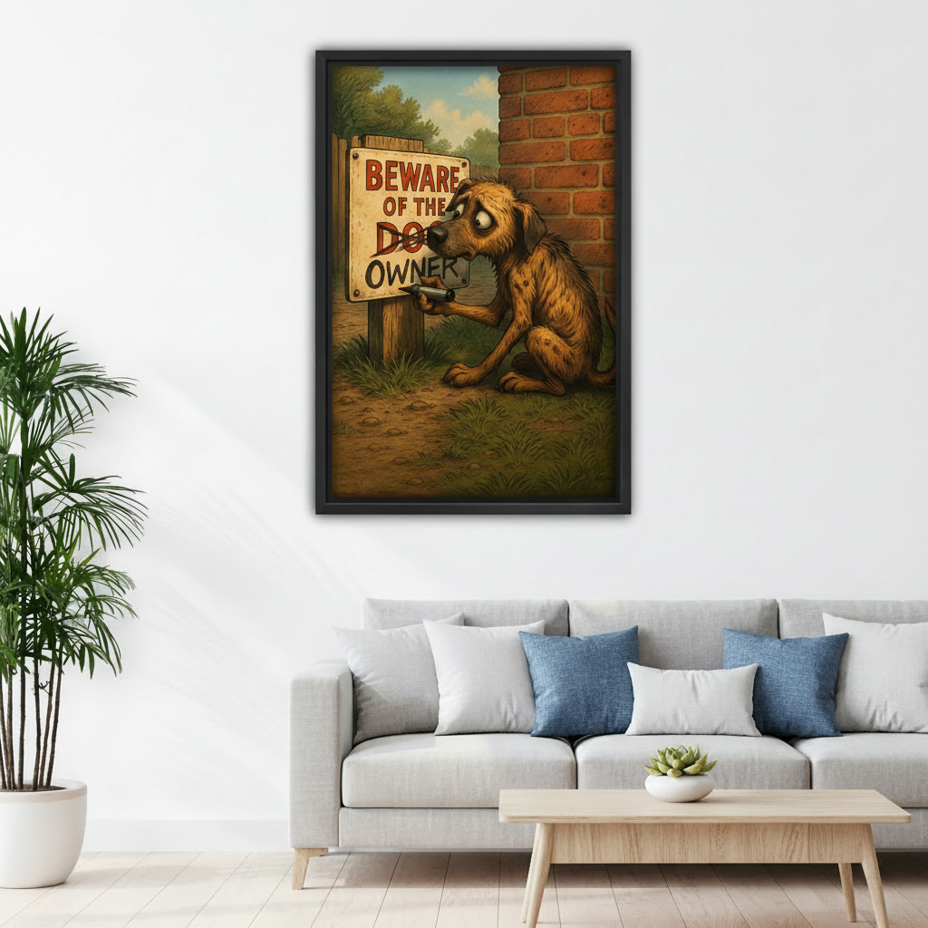 Funny dog beware of owner vintage cartoon canvas print displayed above bed in cozy modern bedroom