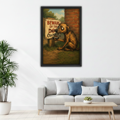 Funny dog beware of owner vintage cartoon canvas print displayed above bed in cozy modern bedroom