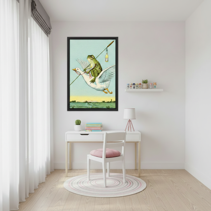 Framed frog on goose vintage wall art on olive green wall above sideboard 