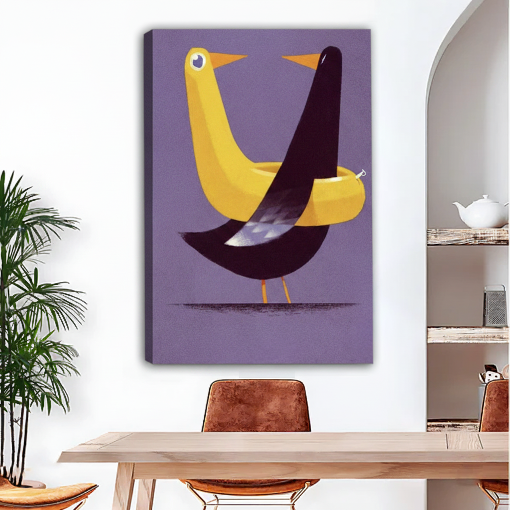 Abstract yellow and dark bird gallery wrap canvas art on white wall in modern dining room
