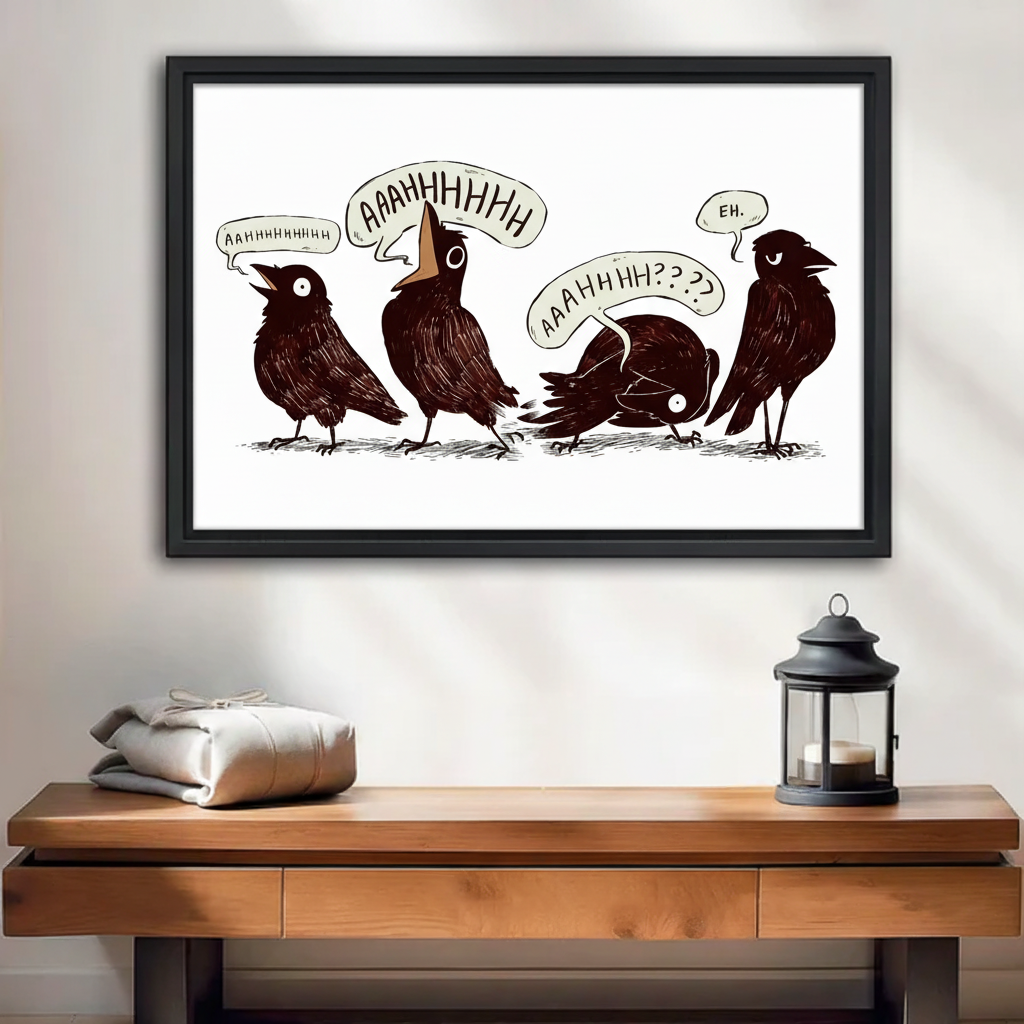 Funny crow comic framed canvas wall art with speech bubbles, black and white illustration