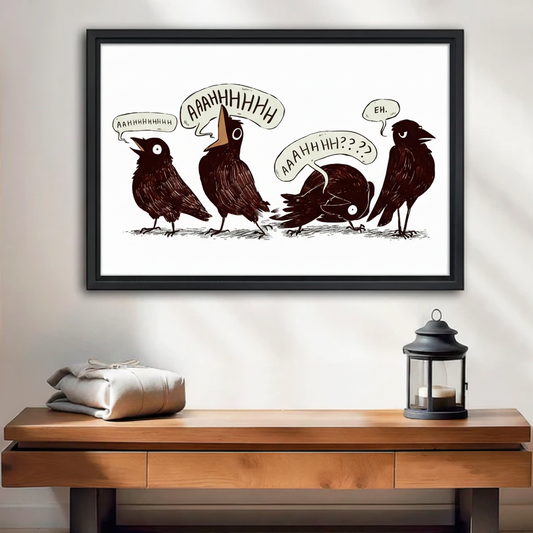Funny crow comic framed canvas wall art with speech bubbles, black and white illustration