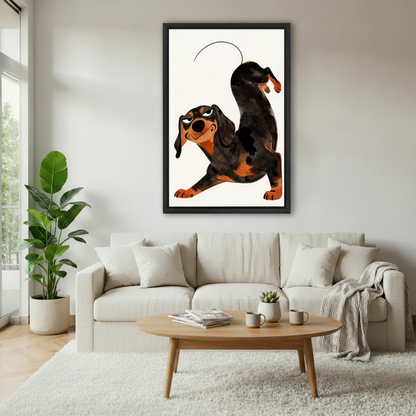 Funny dachshund vintage cartoon framed wall art print in modern living room above white sofa — retro dog home decor