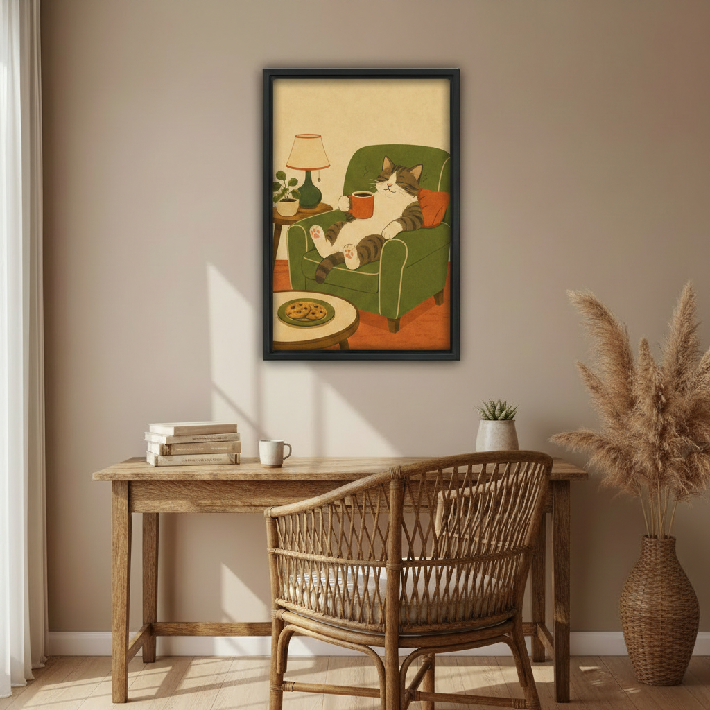 Cat lover gift wall art — cozy cat coffee print, unique retro animal canvas for living room or kitchen