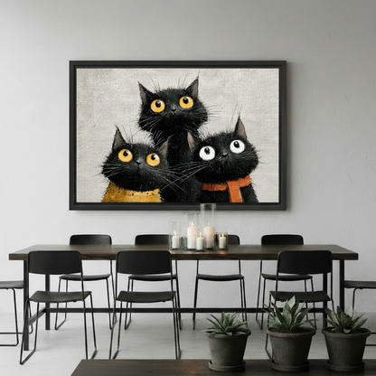 Black cat trio canvas wall art, humorous pet illustration, bedroom wall decor